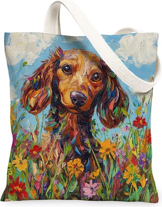 Generic Spring Dachshund Dog Canvas Tote Bag for Shopping 13x15, Oil Painting Wildflower Puppy Reusable Grocery Print Pattern Bag for Women, Fun Pet Beach Aes