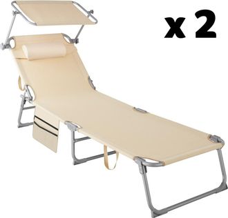 TecTake 2 tumbonas plegables 190 x 68 x 28 cm con bolsillo lateral beige