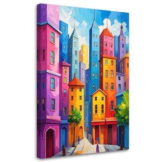 Feeby Cuadro Sobre Lienzo, Edificios Y Casas Abstractos Y Coloridos, 70x100