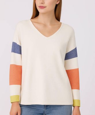 French Kyss V-Neck With Stripe Sleeve Top In Ivory/multi