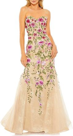 Mac Duggal Strapless Sheer Bustier Embroidered Mermaid Gown in Pink Multi at Nordstrom, Size 12