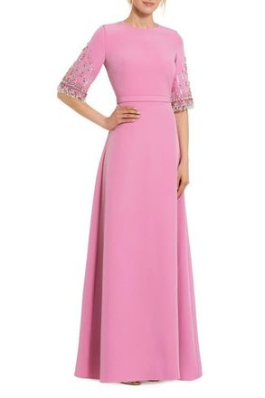 Mac Duggal Womens Crepe A Line Gown With Beaded 3/4 Sleeves in Rose at Nordstrom, Size 18