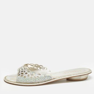 Le Silla Silver Crystal Embellished Textured Suede Flat Slides