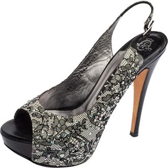 Gina Black Lace Crystal Embellished Peep Toe Slingback Platform Pumps