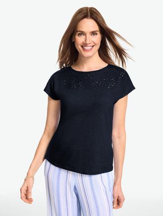Talbots Plus Petite - Eyelet Seashell T-Shirt - Blue - 1X - 100% Cotton Talbots