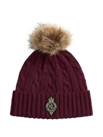Lauren Ralph Lauren cable-knit pom-pom beanie hat - women - Recycled Polyester/Nylon/Wool/Polyester - One Size - Red