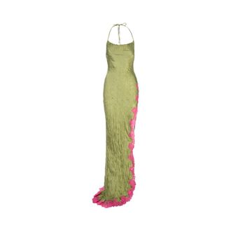 Roberto Cavalli Gowns, female, Green, Size: S Long Silk Dress with Lace Detail