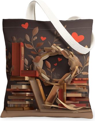 Generic Love Wreath Canvas Tote Bags, Book and Leaf Pattern Reusable Grocery Bags, Fall Rustic Lightweight Washable Shoulder Strap, Brown, 13x15 Inch