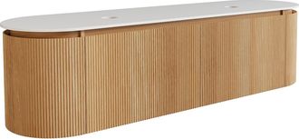 Vente-Unique Mueble de ba&ntilde;o suspendido estriado en madera de fresno con encimera de piedra sinterizada mate - Natural claro - An. 180 cm - LILIKO