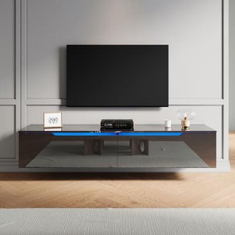 Elegant Lighting Elegant - tv Stand Modern High Gloss with led Light and Separate Storage Compartment, Handle-Free Design, Wall-Mounted/Floor Standing, Black