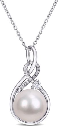 Mimi & Max 11-12mm Cultured Freshwater Pearl 1/6ct TGW Created White Sapphire and Diamond Necklace