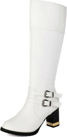 Generic Womens Knee High Riding Boots Comfort Chunky Block Heel Zip Up Warm Winter Shoes with Faux Fur Lined (7.5,White)