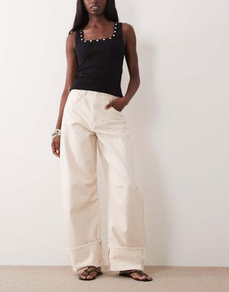 Asos Pantaloni a cilindro &eacute;cru con risvolto-Bianco