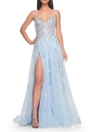 La Femme Two Tone Tulle A-Line Prom Dress with Floral Beaded Detail in Light Blue at Nordstrom, Size 8