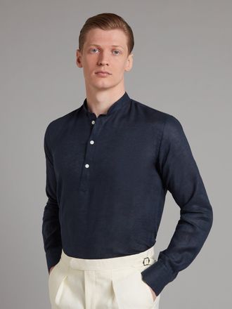 Oliver Brown Linen Shirt Half Placket - Navy