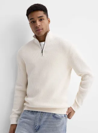Le 31 Mens Zip-neck waffle-knit sweater