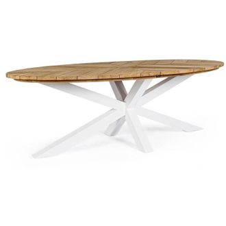 Hellin Tavolo ovale Palmdale con piano in legno teak, gambe in alluminio, per esterno -Bianco / &oslash; 160 cm