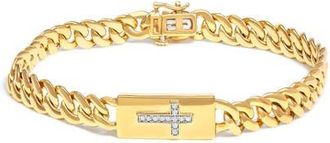House of Brilliance 14K Yellow Gold Plated Silver Diamond Accent Inlaid Cross Cuban Link Bracelet in Yellow Gold Over Silver at Nordstrom