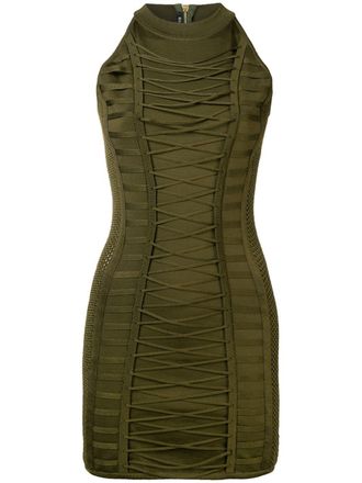 Balmain lace-up ribbed-knit dress - women - Polyamide/Viscose/Spandex/Elastane - 40 - Green