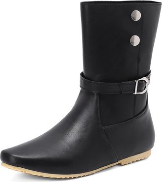 Generic Womens Retro Pointed Toe PU Leather Ankle Boots with Adjustable Buckle Strap Flat Sole Comfortable Anti-Slip Wear-Resistant for Daily Street Casual Wo