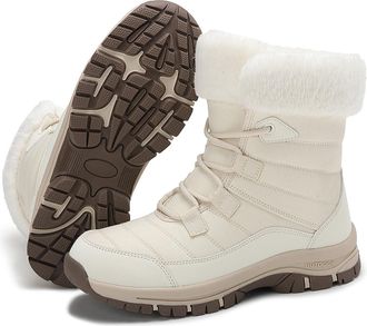 Generic Womens Winter Hiking Boots - Thickened Fluffy Ankle Snow Boots with Faux Fur Lining, Anti-Slip Casual Outdoor Booties(White,7.5)