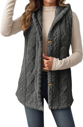 Generic Gilet For Women UK Fleece Sleeveless Button Down Hooded Waistcoat With Pockets Autumn Winter Solid Color Lightweight Soft Thermal Vests Warm Comfortab