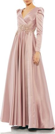 Mac Duggal Long Sleeve Embellished Satin Gown in Rose Pink at Nordstrom, Size 18