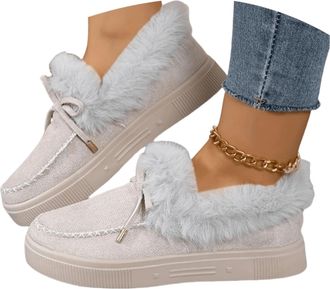 Generic Womens Snow Boots,Fur Lined Warm Ankle Boots,Slip on Loafer Plush Shoes Anti Slip Flat Walking Loafers Faux Fur Snow Slippers Thickening Walking Short