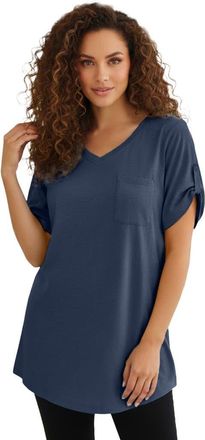 Roaman's Plus Size Slub V Neck Boyfriend Tunic Top in Navy at Nordstrom, Size Medium