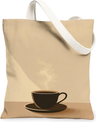 Generic Coffee Cup Canvas Tote Bags, Hot Beverage Design Reusable Grocery Bags, Lightweight Washable Shoulder Strap Canvas for Trav, Beige, 13x15 Inch
