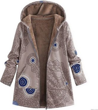 Generic Winter Jackets for Women Warm Fleece Sherpa Lined Hooded Ethnic Vintage Boho Print Padded Coat Loose Mid-Length Fleece Jacket Plush Thermal Zipper Out