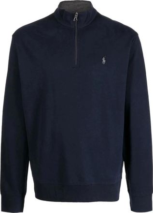 Polo Ralph Lauren Katoenen Half-Zip Gebreide Trui met Logoborduursel - Heren - Vesten met rits - Blauw - L - Katoen - Hoodies & sweatvesten