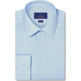 David Donahue Trim Fit Neat Print Cotton Dress Shirt in Sky at Nordstrom, Size 16.5