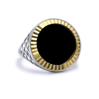Jewelco London Silver Half Sovereign Coin Mount Onyx Ring 9ct Gold Fluted Bezel | Size: R