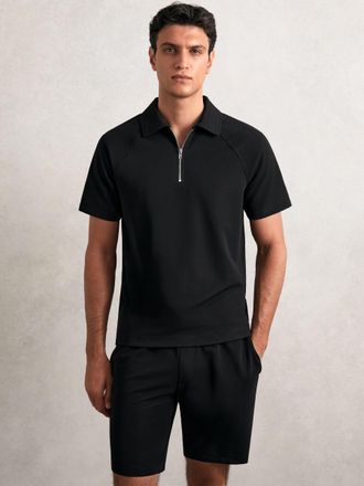 Reiss Black Textured Raglan Half-zip Polo Shirt, XL