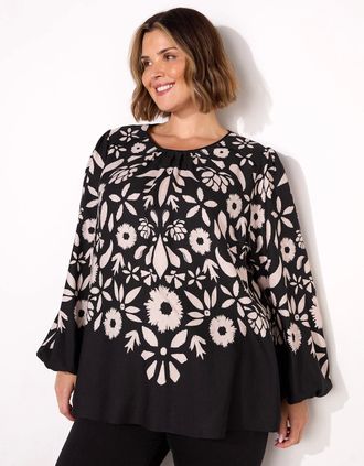 Live Unlimited London Womens Black Graphic Floral Placement Blouse - Size: 22