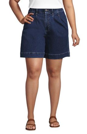 Lands End Soft Denim High Rise 7 Pleated Trouser Shorts in Crawford Wash at Nordstrom, Size 22W