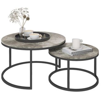 HOMCOM 2 Pcs Stacking Coffee Table Set Steel Frame Cement-Effect Top Foot Pads | TJ Hughes