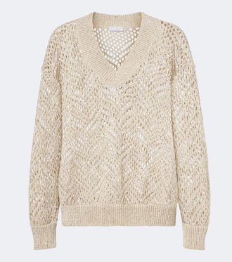 Brunello Cucinelli Jersey calado en mezcla de lino con lentejuelas