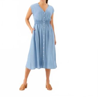 Karen Kane Cap Sleeve Smocked Waist Button-Up Midi Dress In Chambray