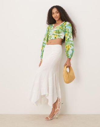 Motel Rombe - Gonna bohémien color avorio asimmetrica in lino-Bianco