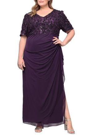 Alex Evenings Embellished Short Sleeve Empire Waist Gown in Deep Plum at Nordstrom, Size 20W