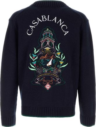 Casablanca Mens Wool-Cashmere Blend With Contrasting Trim Cardigan Navy Jacket