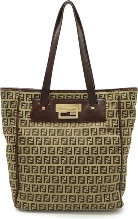 Fendi Beige Dark Brown Khaki Canvas Leather Shoulder Bag Tote Bag (Pre-Owned)