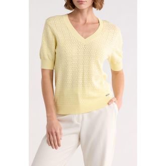 T Tahari V-Neck Mitered Pointelle Sweater in Yellow Butter at Nordstrom Rack, Size X-Small
