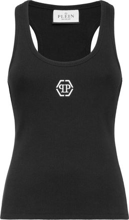 Philipp Plein Tops, Dames, Zwart, S, Katoen, Ribgebreide Tanktop Hexagon