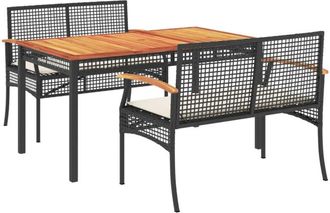 vidaXL Set Comedor De Jard&iacute;n 3 Pzas Con Cojines Rat&aacute;n Sint&eacute;tico Negro Vidaxl