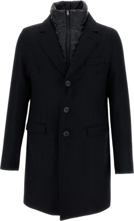 Herno Tweekleurige Jas van Scheerwol Twill met Afneembare Ultralichte Sluiting - Heren - Mantel - Zwart - L - Wol - Jassen