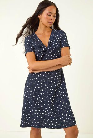 Roman Spot Print Twist Front Dress
