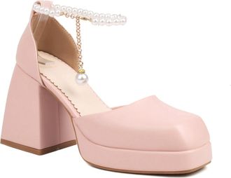 Generic Womens Square Toe PU Leather Bridal Shoes Pearl Ankle Strap Wedding Pumps Chunky Block Heel Party Prom Shoes,Pink,5.5 UK